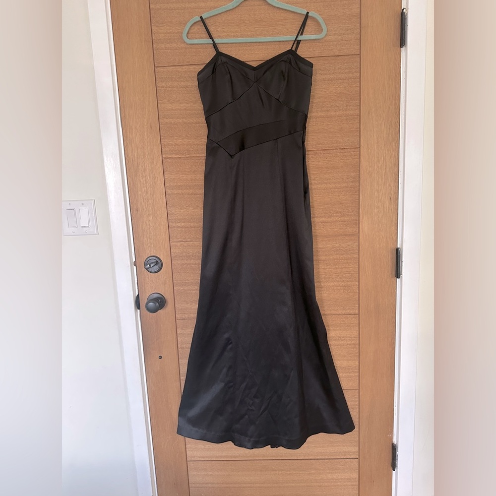 Black spaghetti strap formal satin long gown